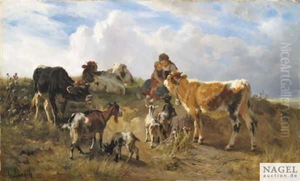 Hirtenidyll Auf Sommerlicher Weide Mit Kuhen Und Ziegen Oil Painting by Anton Braith