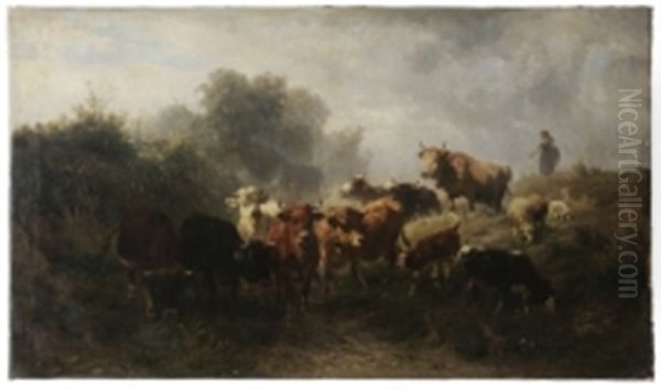 Driving Cattle In The Morning Oil Painting by Anton Braith