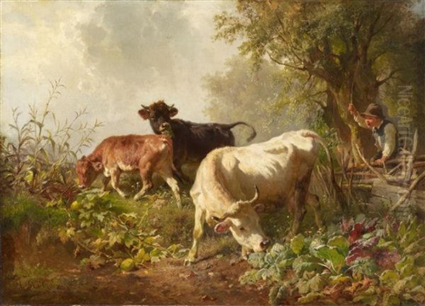 Shepherd Boy And Cattle Oil Painting by Anton Braith