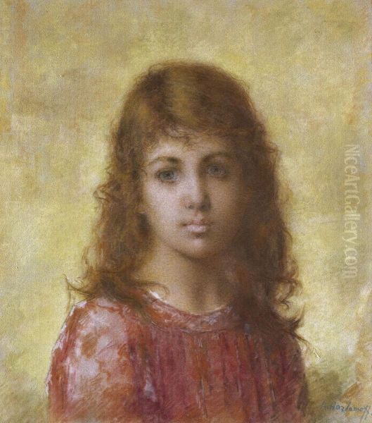 Portrait Of A Young Girl Against A Yellow Background Oil Painting by Alexei Alexeivich Harlamoff