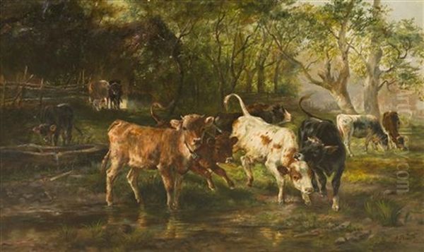 Calfs At The Stream Oil Painting by Anton Braith