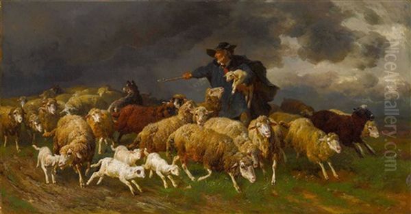 Hirte Mit Schafherde Bei Aufziehendem Gewitter Oil Painting by Anton Braith