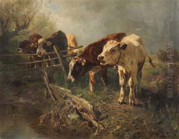 Rinder An Der Tranke Bei Aufkommendem Regen Oil Painting by Anton Braith