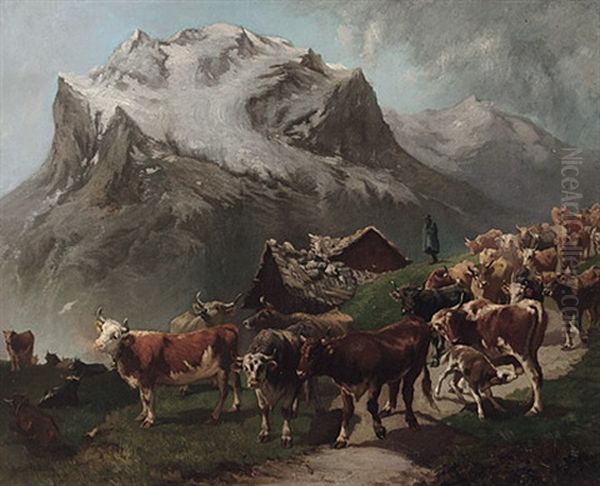 Sommerliche Hochweide. Senner Mit Groser Herde Vor Malerischer, Steingedeckter Kate Oil Painting by Anton Braith