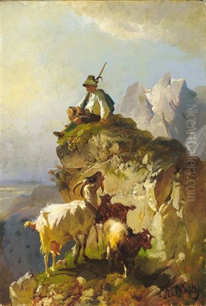 Hutejunge Auf Fels Mit Kleiner Ziegenherde Oil Painting by Anton Braith