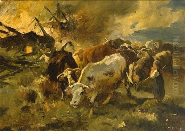 Gerettete Kuhe Vor Einem Brennenden Stall Oil Painting by Anton Braith