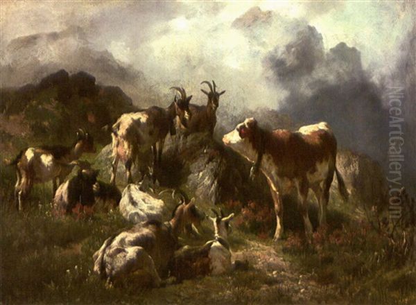 Zeigenherde Und Eine Kuh Auf Der Alm by Anton Braith