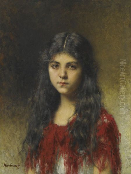 Portrait Of A Young Girl Oil Painting by Alexei Alexeivich Harlamoff