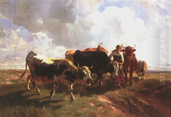 Kuhe Auf Dem Heimweg Mit Hirtin Oil Painting by Anton Braith