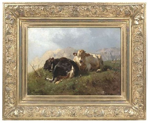 Zwei Lagernde Kuhe Vor Gebirgslandschaft Oil Painting by Anton Braith