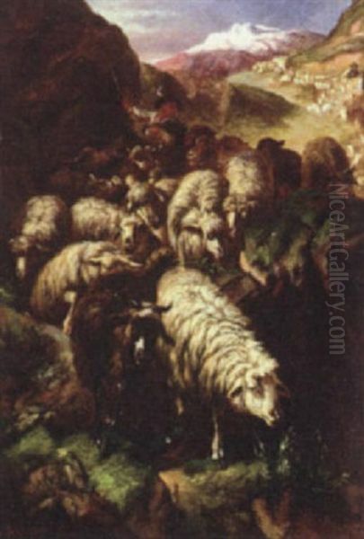 Herding Sheep Through The Mountains Oil Painting by Anton Braith