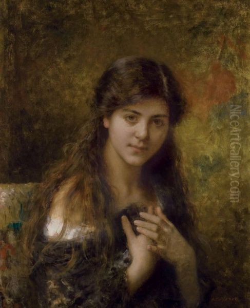 Portrait De Jeune Fille Oil Painting by Alexei Alexeivich Harlamoff