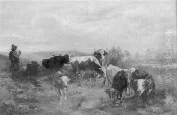 Ein Junger Hirte Hutet Seine Herde An Einem Bachlauf Oil Painting by Anton Braith