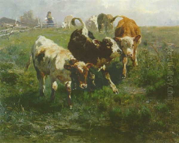 Kalber An Der Tranke Eines Tumpels Vorn Oil Painting by Anton Braith