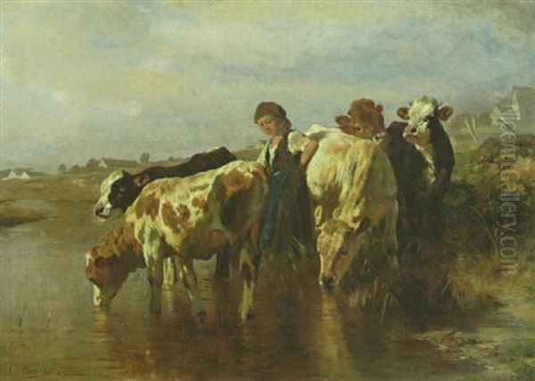 Hirtin Mit Kalbern An Der Tranke Oil Painting by Anton Braith