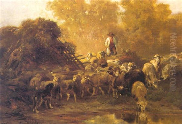 Shepherd And His Flock Oil Painting by Anton Braith