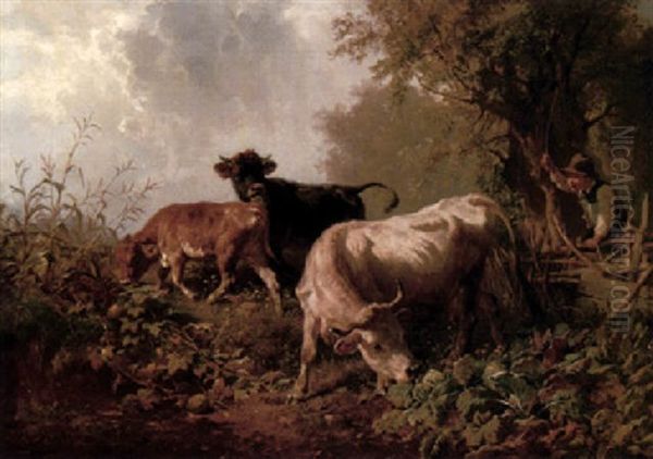 Hirtenjunge Und Vieh - Kuh, Stier Und Kalb Auf Der Weide Oil Painting by Anton Braith