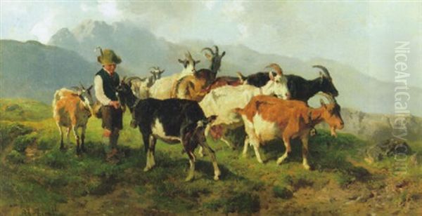 Ziegenherde Mit Huterbub Auf Der Alm Oil Painting by Anton Braith