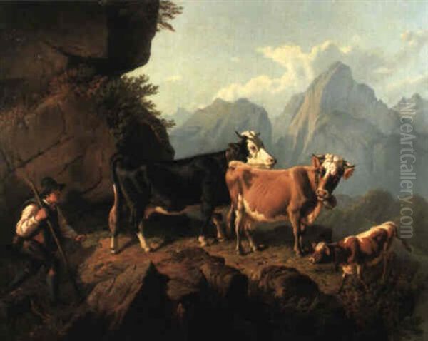 Huterbub Mit Kuhen Und Kalb Im Hochgebirge by Anton Braith