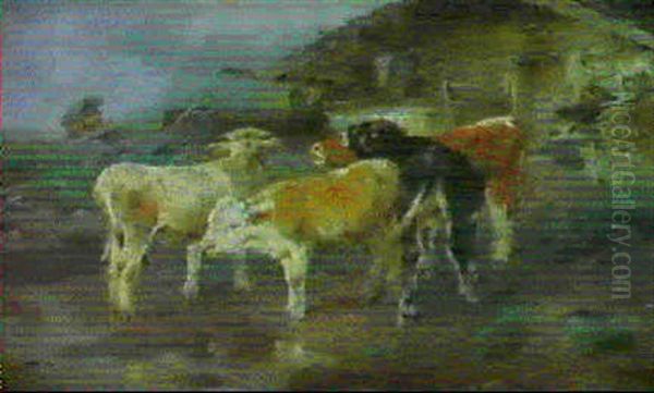 Vor Einer Alm Drangen Sich Verangstigt Vier Jungrinder Oil Painting by Anton Braith