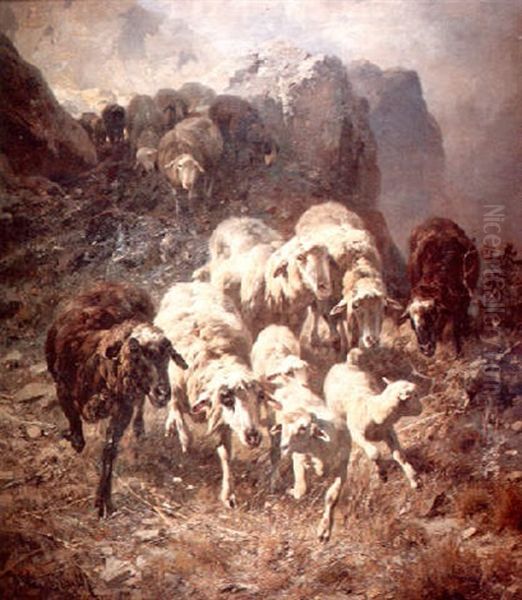 A Flock Of Sheep Along A Mountain Path Oil Painting by Anton Braith