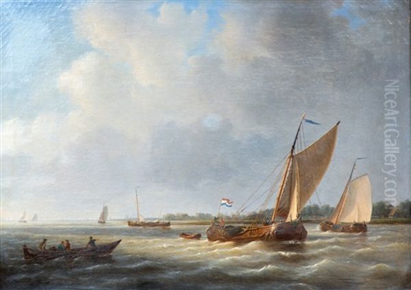 Sailing Vessels On A Dutch River Oil Painting by Simon Van Brakel