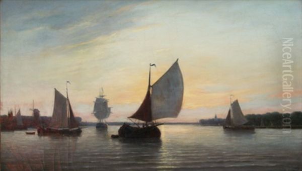 Luminous Sunrise In The Harbor Oil Painting by Simon Van Brakel