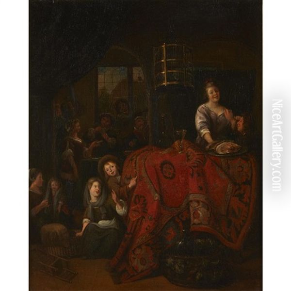 An Interior With Woman Serving Meat And Wine, Children Playing On Floor, And Figures Playing Cards Oil Painting by Richard Brakenburg