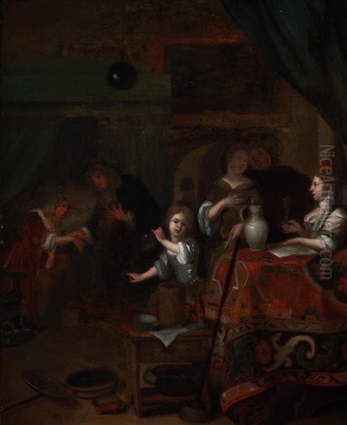 Interior With Figures Around A Table, To The Left A Doctor Checking The Pulse Of A Woman Oil Painting by Richard Brakenburg