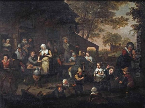 Peasants Drinking Outside An Inn And Children Playing In The Foreground Oil Painting by Richard Brakenburg