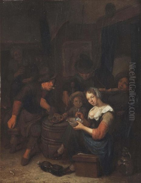 An Interior With A Merry Company And A Woman Feeding Porridge To A Child Oil Painting by Richard Brakenburg