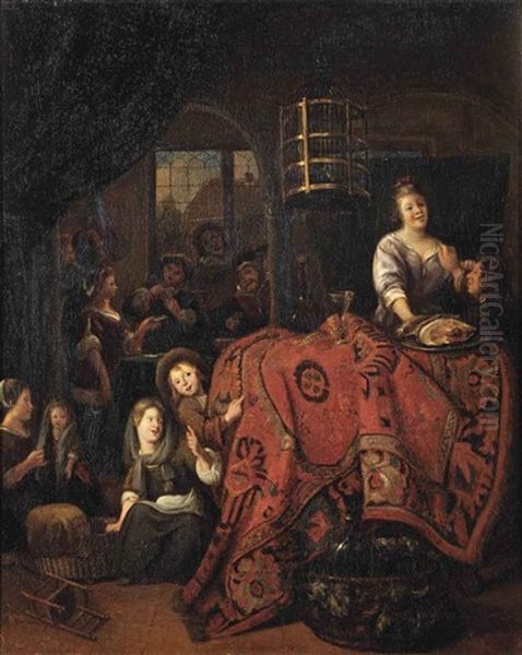 An Interior With A Woman Serving Meat And Wine, Children Playing On The Floor, And Figures Playing Cards In The Adjacent Room Oil Painting by Richard Brakenburg