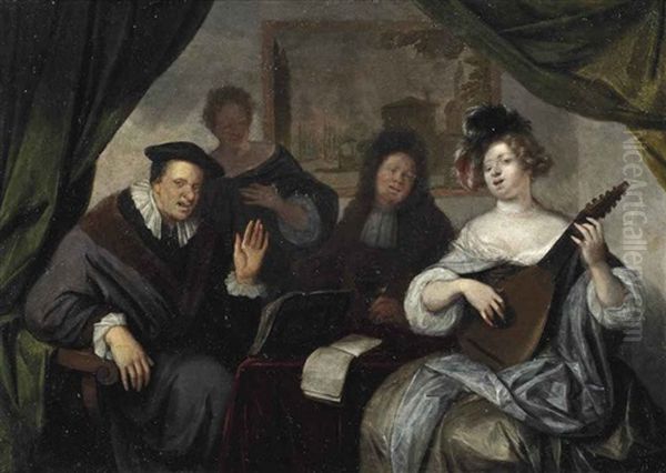 An Elegant Company Making Music In An Interior Oil Painting by Richard Brakenburg