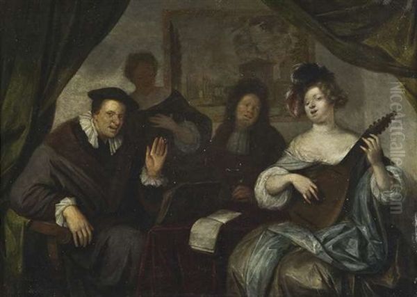 Das Konzert. Im Saloninterieur Erfreut Eine Lautistin Mit Ihrem Spiel Und Gesang Die Anwesenden Oil Painting by Richard Brakenburg