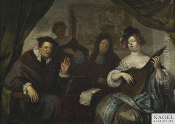 Das Konzert. Im Saloninterieur Erfreut Eine Lautistin Mit Ihrem Spiel Und Gesang Die Anwesenden Oil Painting by Richard Brakenburg