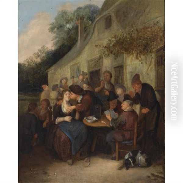 Peasants Gathered Outside A Tavern With A Man Reading A Paper, An Amorous Couple, And A Fiddler In The Background Oil Painting by Richard Brakenburg