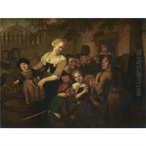 A Village Scene With Children And Villagers Gathered Around A Travelling Entertainer Oil Painting by Richard Brakenburg