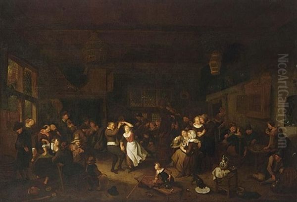 A Peasant Feast In An Inn, With A Couple Dancing And Other Peasants Drinking, Eating And Playing Music Together With Children Oil Painting by Richard Brakenburg