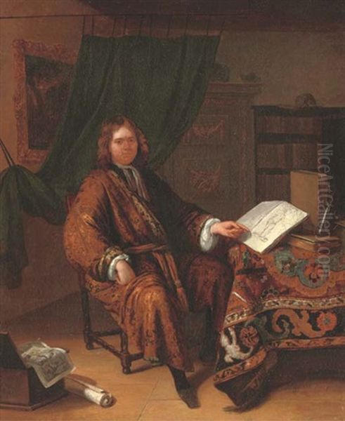 Portrait Of A Connoisseur, Full-length, Seated At A Draped Table With Books, Prints And Writing Implements In A Library Interior Oil Painting by Richard Brakenburg