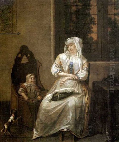 Scene D'interieur: Jeune Femme Endormie Et Enfant Oil Painting by Richard Brakenburg