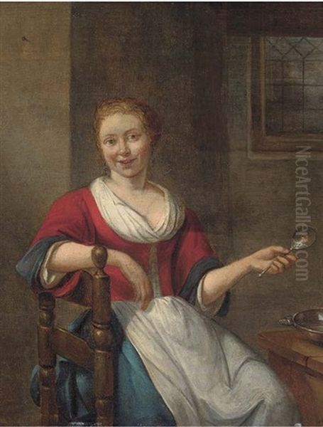 A Peasant Woman Seated In An Interior Holding A Spoon At A Table Oil Painting by Richard Brakenburg