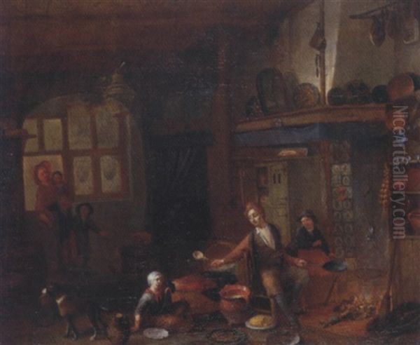 A Domestic Interior With A Family Seated By The Hearth Oil Painting by Richard Brakenburg