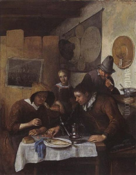 A Family Gathering Around A Table Having Breakfast In An Interior Oil Painting by Richard Brakenburg