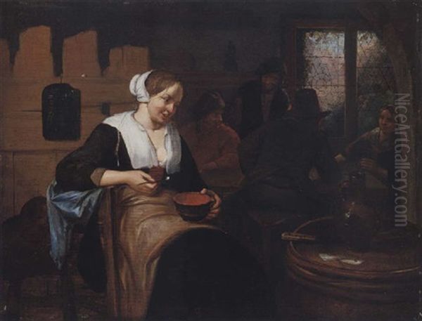 A Tavern Interior With A Lady Eating A Bowl Of Soup, Other Figures By A Window Beyond Oil Painting by Richard Brakenburg