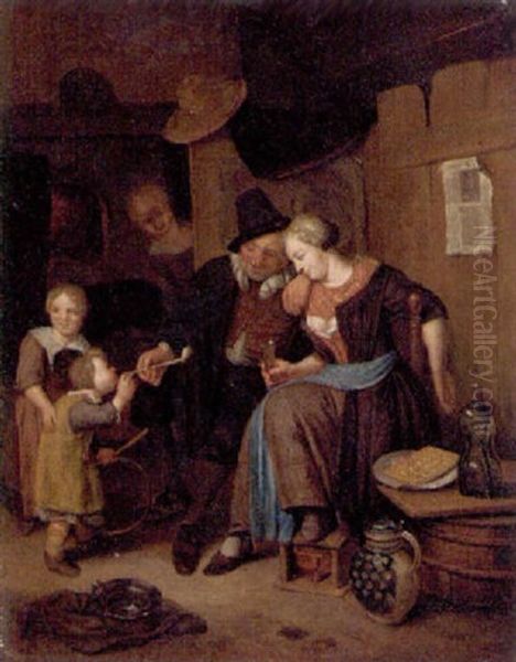 An Interior Scene With A Couple And Children Oil Painting by Richard Brakenburg