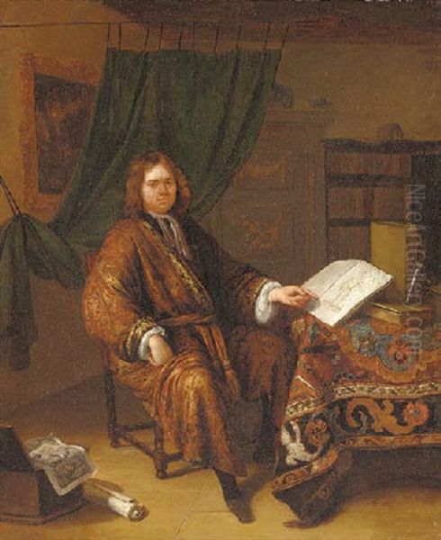 Portrait Of A Connoisseur At A Table With A Book Of Drawings In An Interior Oil Painting by Richard Brakenburg