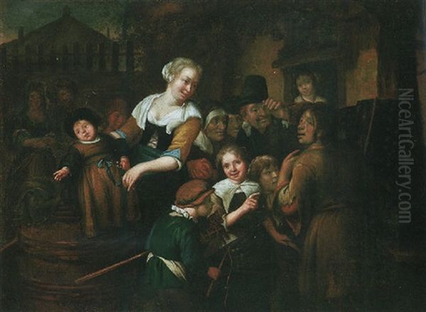 A Crowd Watching An Entertainer In A Village Oil Painting by Richard Brakenburg