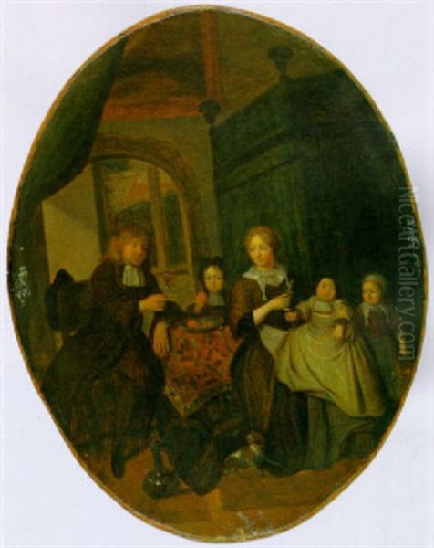 A Portrait Of A Family, Seated Aroud A Table In An Interior Oil Painting by Richard Brakenburg