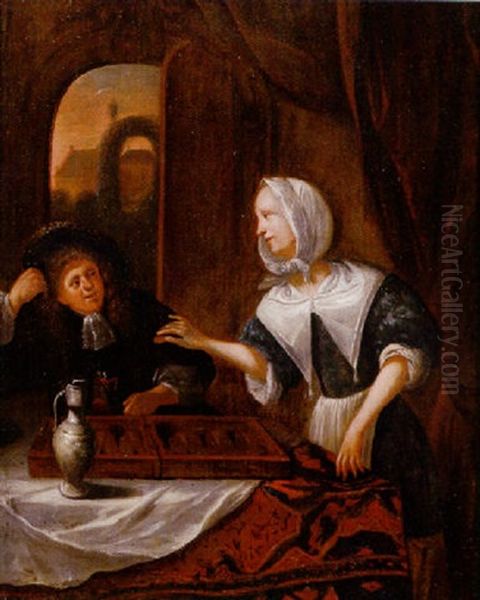 A Gentleman And Lady Playing Backgammon Oil Painting by Richard Brakenburg