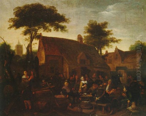 Peasants Drinking And Carousing Outside A Tavern Oil Painting by Richard Brakenburg